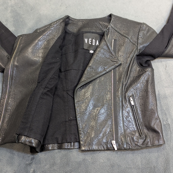 Veda Dallas Leather Motor Jacket Size S Black Stretchy Sleeve Panel Biker 100% L - Picture 7 of 10
